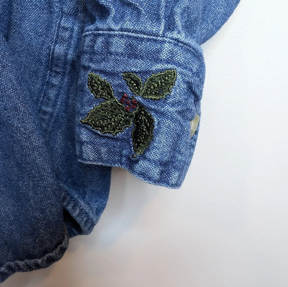 Holiday Editions Denim  Button Down Christmas Holly Embroidered Top 1X - Picture 4 of 9